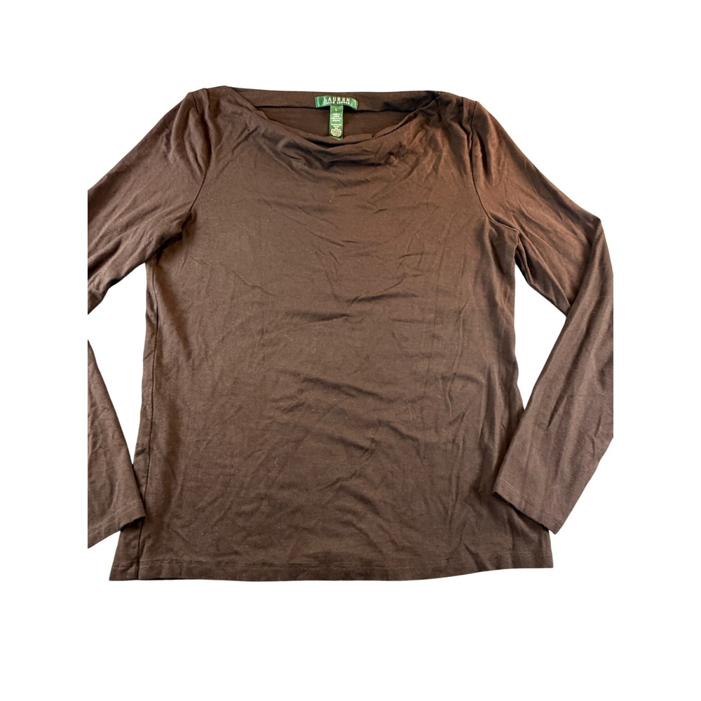 Lauren Ralph Lauren Brown Cowl Neck Long Sleeve Top Large Rayon Blend Stretch